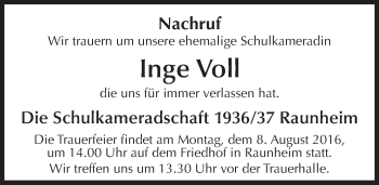 Traueranzeige von Inge Voll von Trauerportal Rhein Main Presse