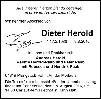 Traueranzeige von Dieter Herold von Trauerportal Echo Online