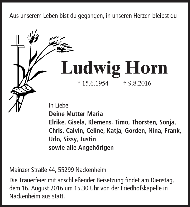  Traueranzeige für Ludwig Horn vom 13.08.2016 aus Trauerportal Rhein Main Presse