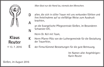 Traueranzeige von Klaus Reuter von  Gießener Anzeiger