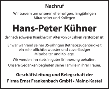 Traueranzeige von Hans-Peter Kühner von Trauerportal Rhein Main Presse