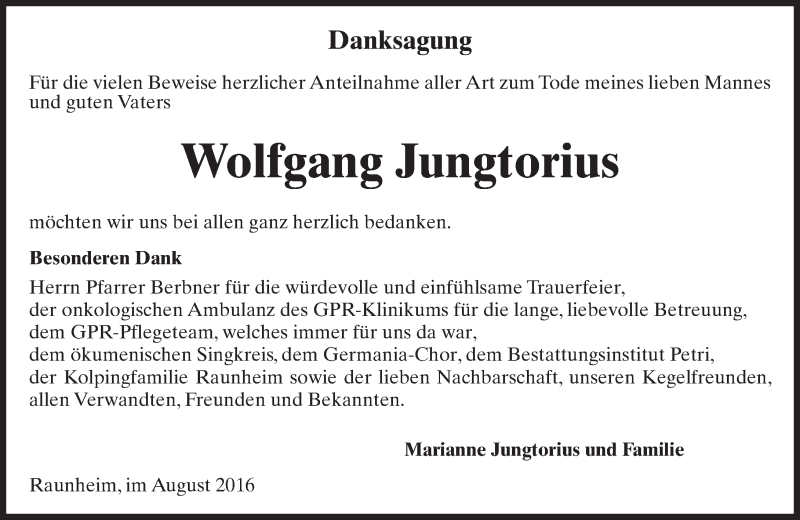  Traueranzeige für Wolfgang Jungtorius vom 06.08.2016 aus Trauerportal Rhein Main Presse