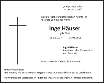 Traueranzeige von Inge Häuser von Trauerportal Rhein Main Presse