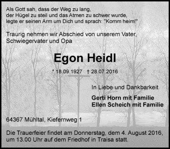 Traueranzeige von Egon Heidl von Trauerportal Echo Online