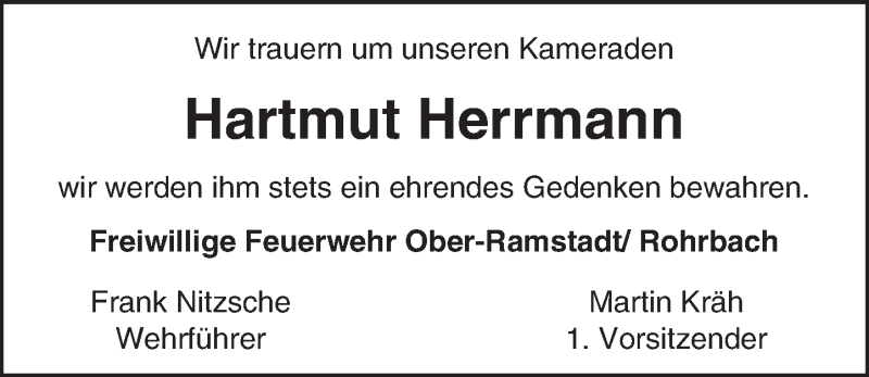  Traueranzeige für Hartmut Herrmann vom 13.08.2016 aus Trauerportal Echo Online