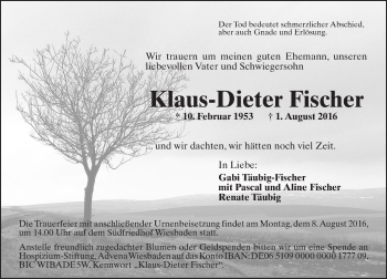 Traueranzeige von Klaus-Dieter Fischer von Trauerportal Rhein Main Presse