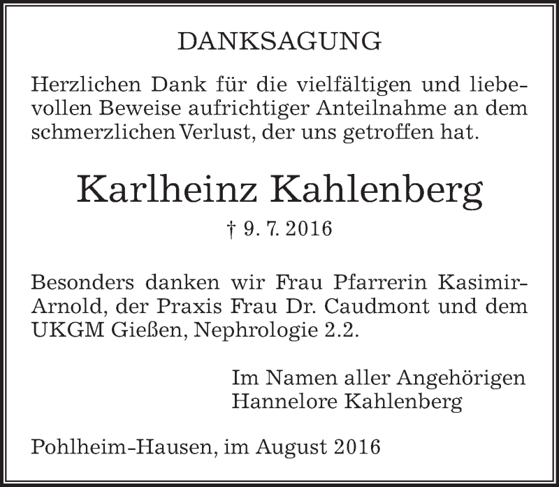  Traueranzeige für Karlheinz Kahlenberg vom 06.08.2016 aus  Gießener Anzeiger