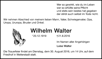 Traueranzeige von Wilhelm Walter von Trauerportal Echo Online