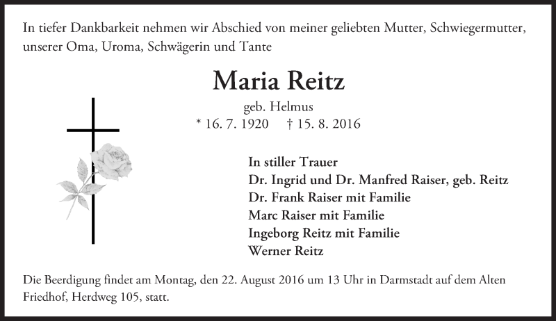  Traueranzeige für Maria Reitz vom 20.08.2016 aus Trauerportal Echo Online