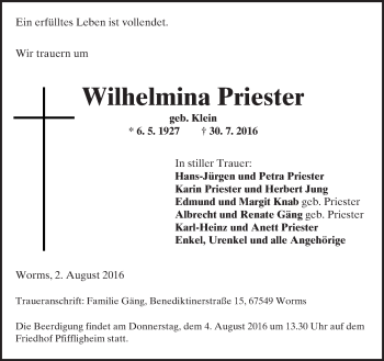 Traueranzeige von Wilhelmina Priester von Trauerportal Rhein Main Presse