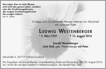 Traueranzeige von Ludwig Westenberger von Trauerportal Rhein Main Presse