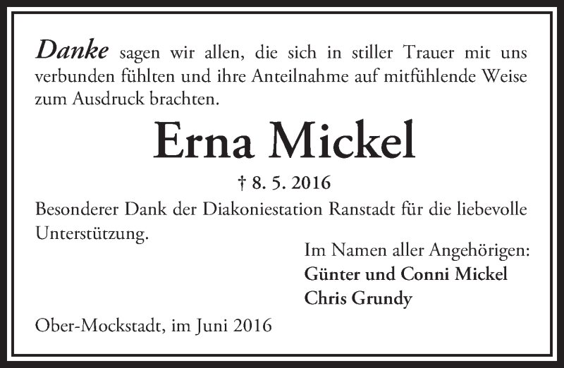  Traueranzeige für Erna Mickel vom 18.06.2016 aus  Kreisanzeiger