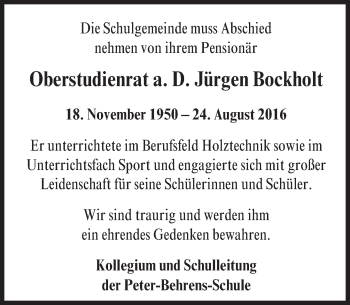 Traueranzeige von Jürgen Bockholt von Trauerportal Echo Online