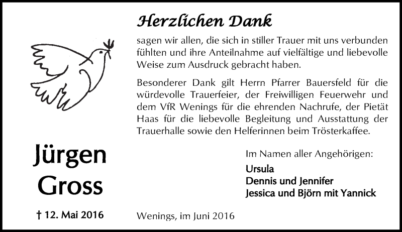  Traueranzeige für Jürgen Gross vom 11.06.2016 aus  Kreisanzeiger