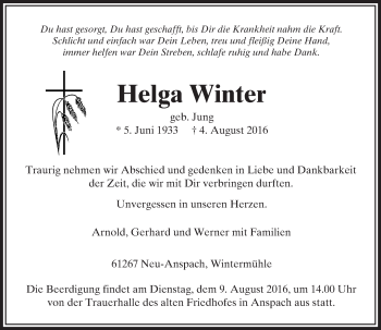 Traueranzeige von Helga Winter von  Usinger Anzeiger