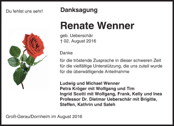 Traueranzeige von Renate Wenner von Trauerportal Echo Online