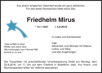 Traueranzeige von Friedhelm Mirus von Trauerportal Echo Online
