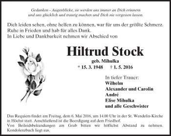 Traueranzeige von Hiltrud Stock von  Gelnhäuser Tageblatt