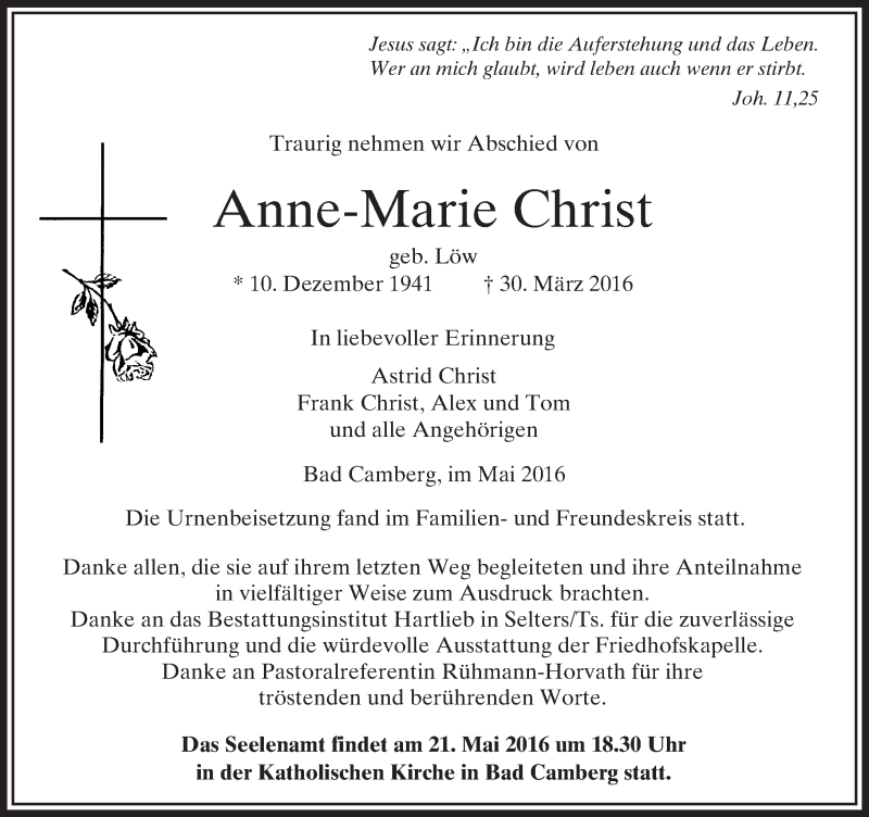  Traueranzeige für Anne-Marie Christ vom 06.05.2016 aus  Camberger Anzeiger