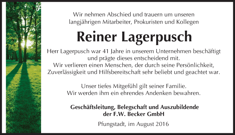  Traueranzeige für Reiner Lagerpusch vom 13.08.2016 aus Trauerportal Echo Online