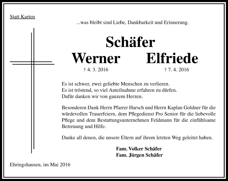  Traueranzeige für Werner  Schäfer vom 28.05.2016 aus VRM Trauer