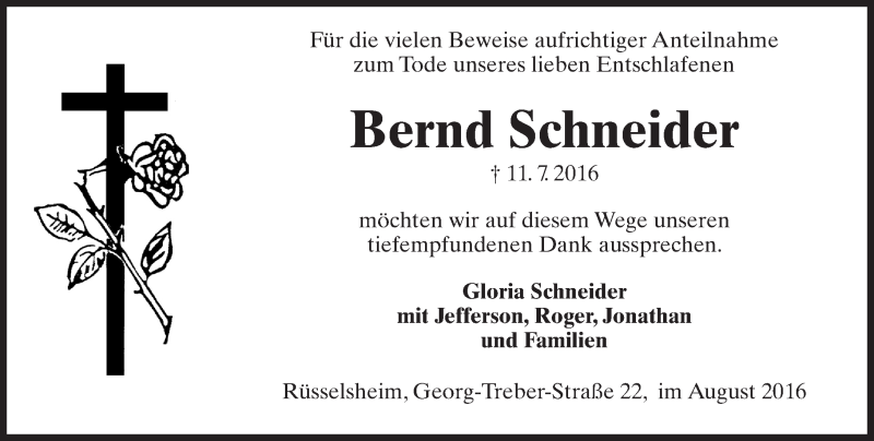  Traueranzeige für Bernd Schneider vom 06.08.2016 aus Trauerportal Rhein Main Presse