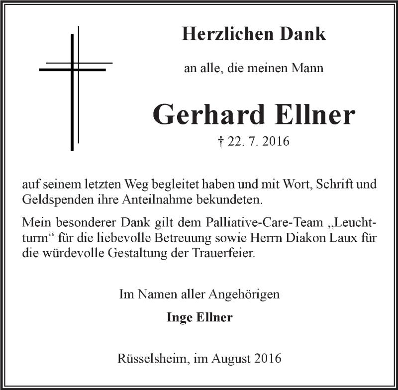  Traueranzeige für Gerhard Ellner vom 13.08.2016 aus Trauerportal Rhein Main Presse