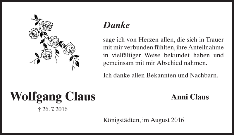  Traueranzeige für Wolfgang Claus vom 13.08.2016 aus Trauerportal Rhein Main Presse