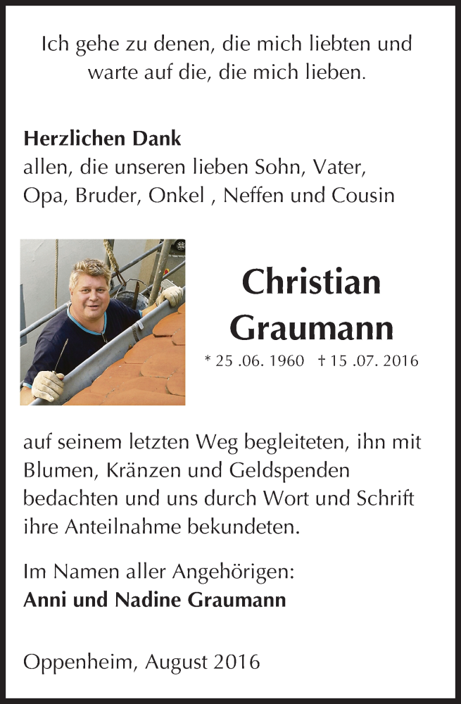  Traueranzeige für Christian Graumann vom 17.08.2016 aus Trauerportal Rhein Main Presse