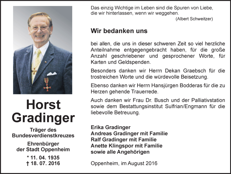  Traueranzeige für Horst Gradinger vom 26.08.2016 aus Trauerportal Rhein Main Presse