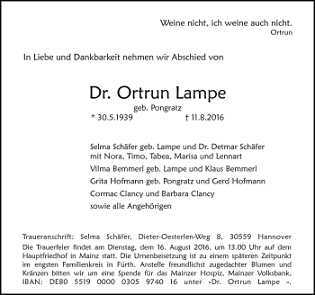 Traueranzeige von Ortrun Lampe von Trauerportal Rhein Main Presse