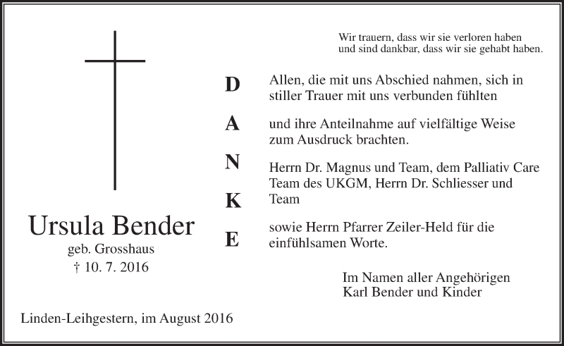  Traueranzeige für Ursula Bender vom 13.08.2016 aus  Gießener Anzeiger