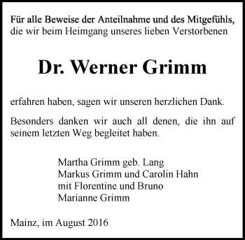 Traueranzeige von Werner Grimm von Trauerportal Rhein Main Presse