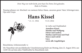 Traueranzeige von Hans Kissel von Trauerportal Rhein Main Presse