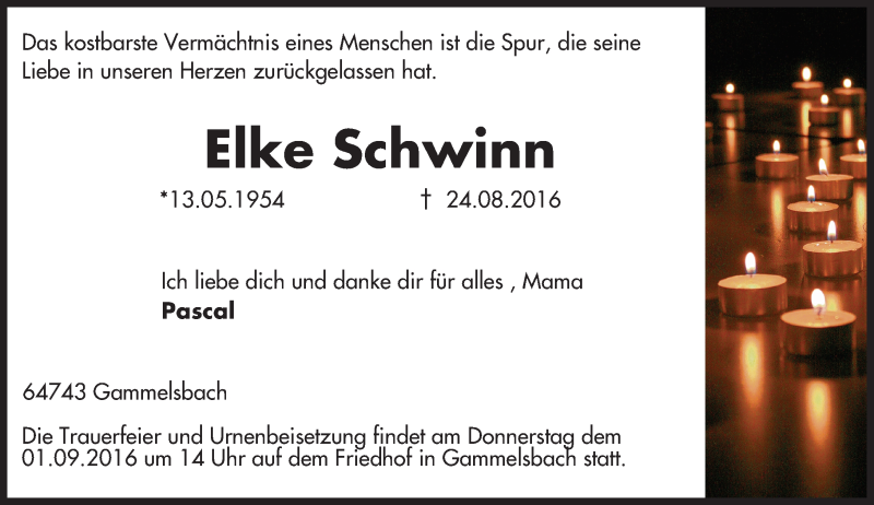  Traueranzeige für Elke Schwinn vom 30.08.2016 aus Trauerportal Echo Online