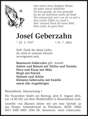 Traueranzeige von Josef Geberzahn von Trauerportal Rhein Main Presse