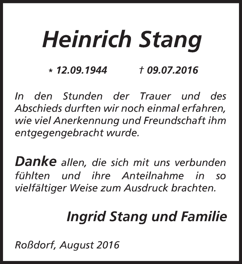  Traueranzeige für Heinrich Stang vom 06.08.2016 aus Trauerportal Echo Online