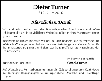 Traueranzeige von Dieter Turner von  Kreisanzeiger