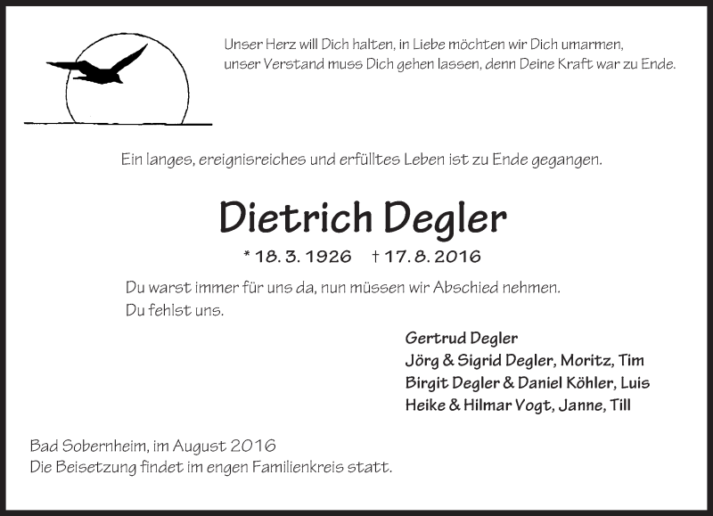  Traueranzeige für Dietrich Degler vom 25.08.2016 aus Trauerportal Rhein Main Presse