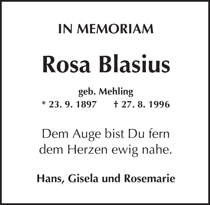  Traueranzeige für Rosa Blasius vom 27.08.2016 aus Trauerportal Rhein Main Presse