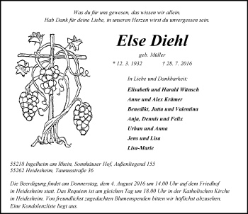 Traueranzeige von Else Diehl von Trauerportal Rhein Main Presse