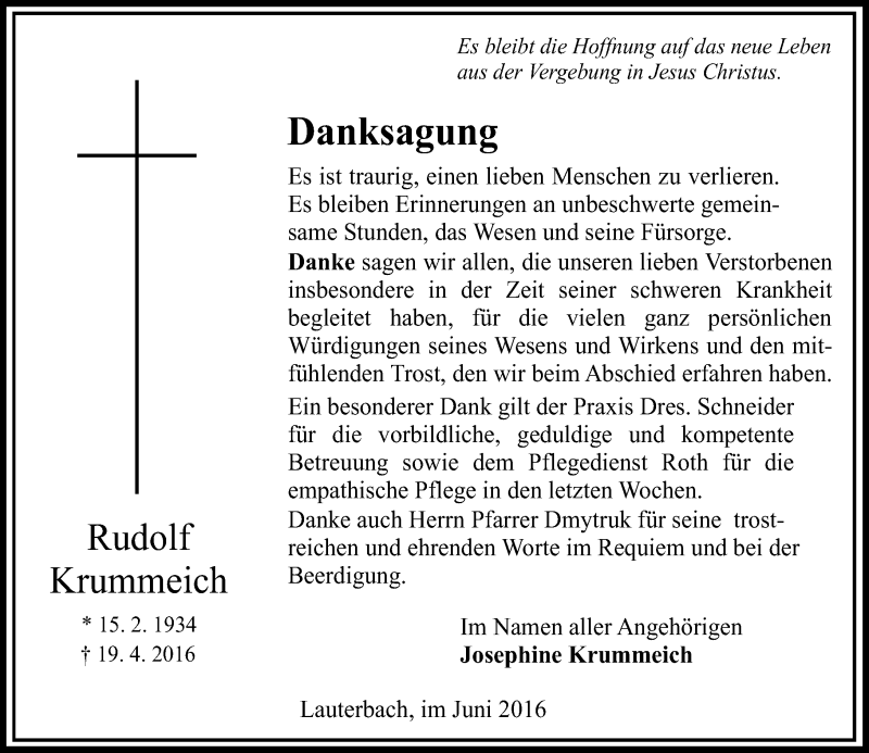  Traueranzeige für Rudolf Krummeich vom 18.06.2016 aus VRM Trauer