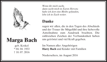 Traueranzeige von Marga Bach von  Camberger Anzeiger