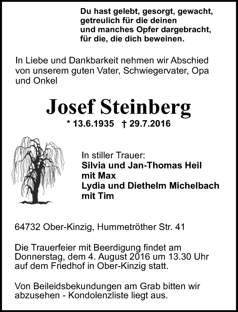  Traueranzeige für Josef Steinberg vom 02.08.2016 aus Trauerportal Echo Online