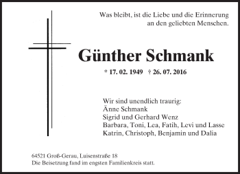 Traueranzeige von Günther Schmank von Trauerportal Rhein Main Presse