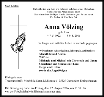 Traueranzeige von Anna Völzing von VRM Trauer