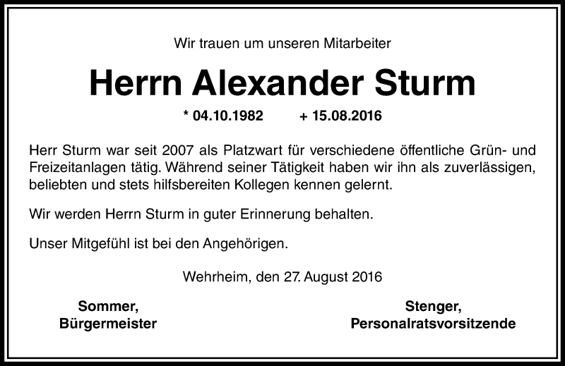  Traueranzeige für Alexander Sturm vom 27.08.2016 aus  Usinger Anzeiger