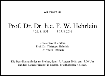Traueranzeige von F. W. Hehrlein von  Gießener Anzeiger