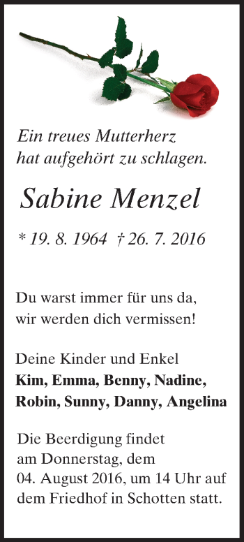 Traueranzeige von Sabine Menzel von  Kreisanzeiger