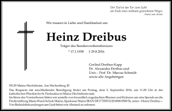 Traueranzeige von Heinz Dreibus von Trauerportal Rhein Main Presse